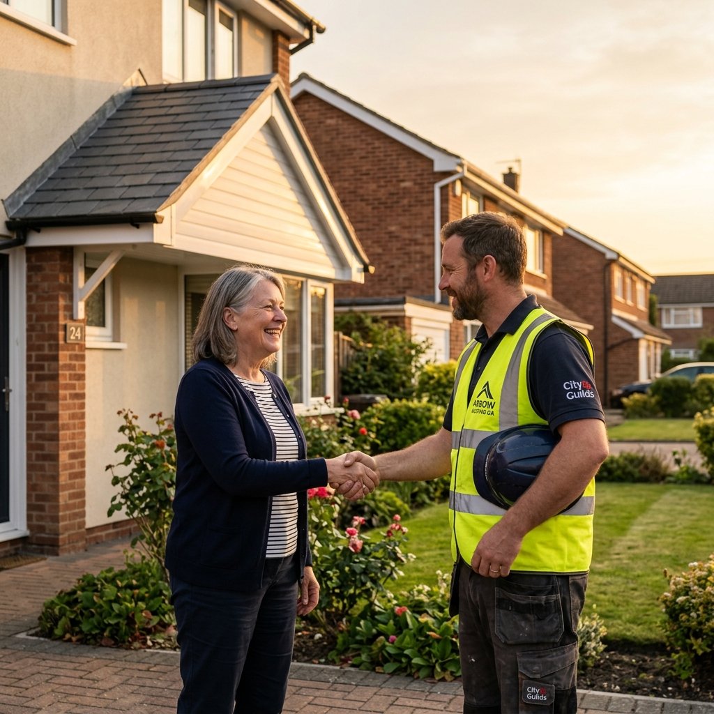 Satisfied homeowner with Dhaliwal Scaffolding & Roofing team